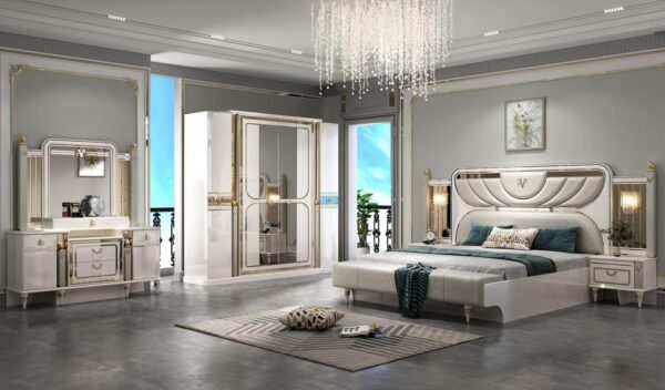 Turkish Exquisite Luxury Bed Set with Ottoman + Wardrobe