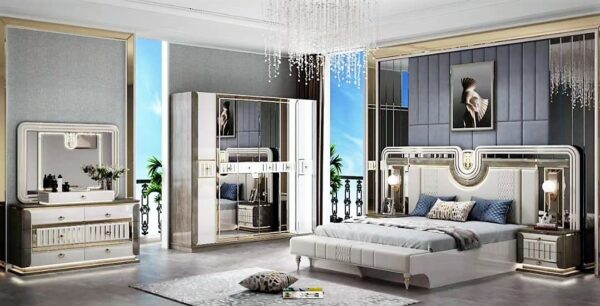 Turkish Luxury Modern Bed Set with Ottoman + Wardrobe